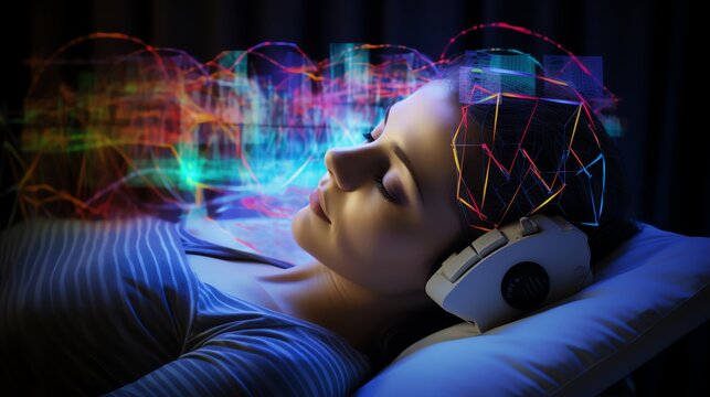 Brainwave Monitoring in a sleep study lab top view tracking sleep patterns and brain activity  digital tone Splitcomplementary color scheme