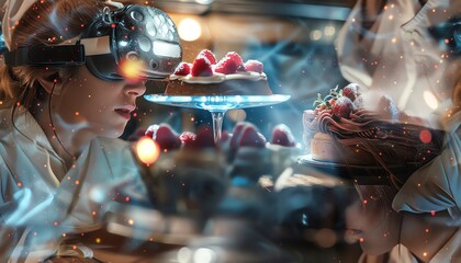 a close-up shot of a chef using a virtual reality headset to design avant-garde desserts Highlight the contrast between the virtual world and the physical kitchen