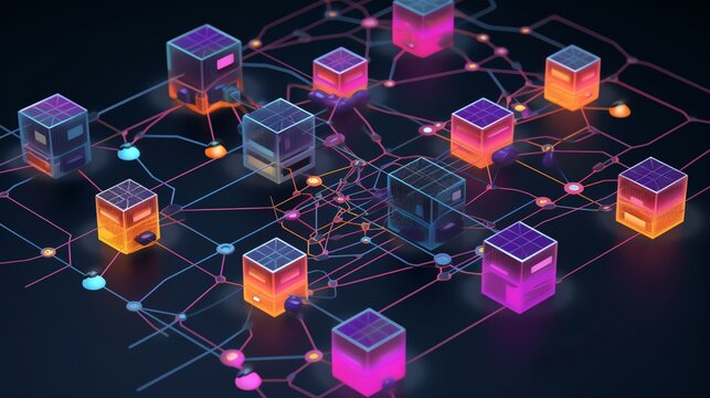 Microservices architecture illustrated in a city layout top view displaying a decentralized network  digital binary as object Tetradic color scheme