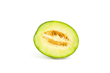 Cantaloupe melon cut in half isolated on white background, Green melon