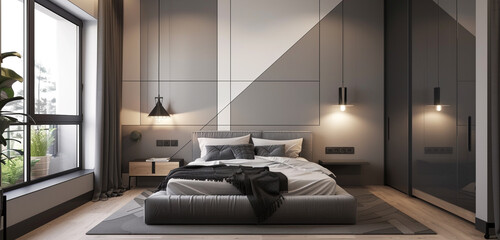 Sleek and modern Scandinavian loft bedroom with geometric patterns, clean lines, and a monochromatic color scheme.