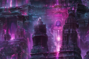 Capture a cyberpunk cityscape blending with mythical ruins, showcasing intricate neon-lit alleyways and weathered stone temples from dramatic low angles