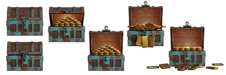 Open wooden treasure chest box old rusty metal edge full with gold bars front view 3D rendering
