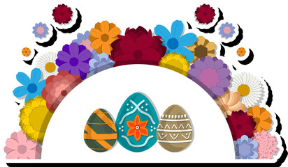 Illustration on theme celebration holiday Easter with hunt colorful bright eggs, banner consisting of hunt different Easter eggs, beautiful Easter eggs are main accessory at abstract background