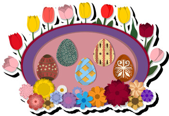Illustration on theme celebration holiday Easter with hunt colorful bright eggs, banner consisting of hunt different Easter eggs, beautiful Easter eggs are main accessory at abstract background