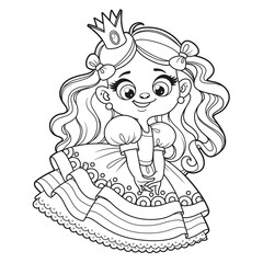 Cute cartoon longhaired coquettish girl in a princess dress outlined for coloring page on white background