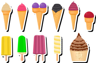 Illustration on theme big kit ice cream popsicle different types in cone waffle cup