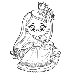 Cute cartoon longhaired girl in a princess dress with big flower in hand outlined for coloring page on white background