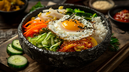 Korean Bibimbap Delight: Stone Bowl Presentation with Colorful Ingredients and Rice