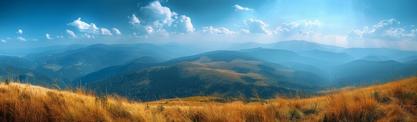 A panoramic view of the Carpathian Mountains, with sun rays breaking through clouds over a vast landscape