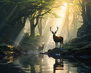 A majestic elk stands in a sunlit forest clearing, surrounded by towering trees and a tranquil river
