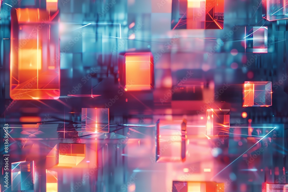 Aufkleber incorporate vibrant digital illustrations of geometric shapes floating in a holographic display show