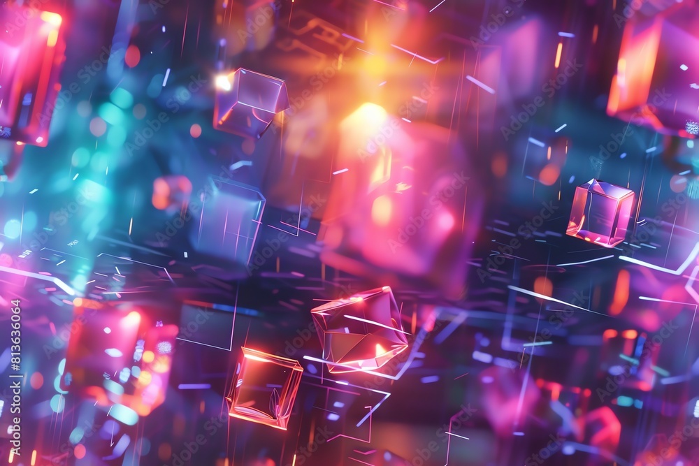 Aufkleber incorporate vibrant digital illustrations of geometric shapes floating in a holographic display show