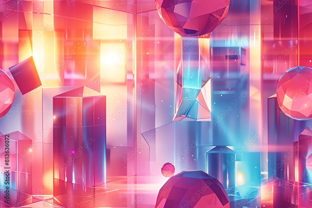 Aufkleber incorporate vibrant digital illustrations of geometric shapes floating in a holographic display show