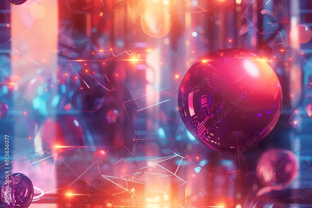 Aufkleber incorporate vibrant digital illustrations of geometric shapes floating in a holographic display show