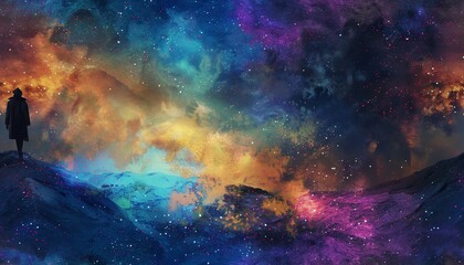Paint a cosmic catwalk where interstellar models flaunt bio-luminescent garments under the luminescent glow of a digital nebula Use watercolors to blend cosmic textures and etherea