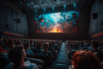 A movie theater with a large screen showing a space scene