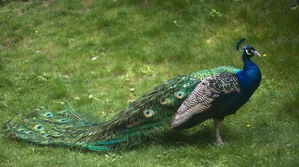 Obraz premium Portrait of a male Peacock in the grass.