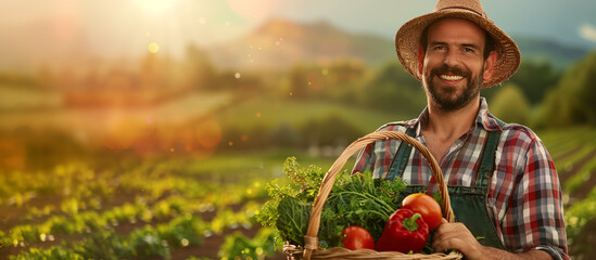 Farmer holding a basket with harvest. With copy space.