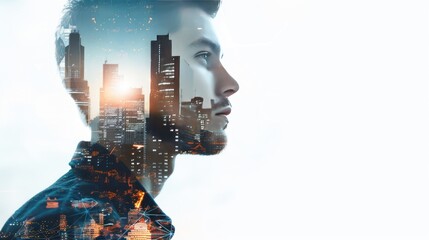 A silhouette young businessman with double exposure effect cityscape white background. Generated AI