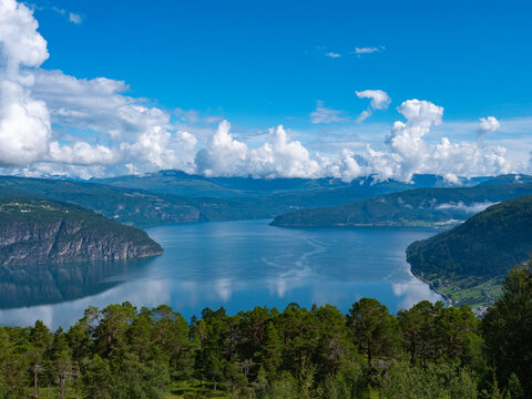 Utvik, Sogn Og Fjordane country. Norwegian mountain lake landscape. In Innvikjord is a sub-fjord of Nordfjord in the municipality of Stryn in Sogn Og Fjordane.
