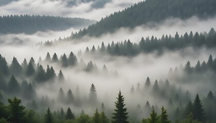 Fog envelops a forest with pine trees in the background