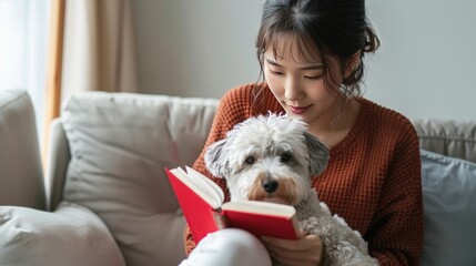 Happy smiling young asian woman reading a book with her dog on sofa, white background. Generated AI