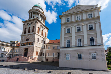 The basilica front facade of the UNESCO world heritage site Benedictine monastery Pannonhalma Archabbey in Hungary.