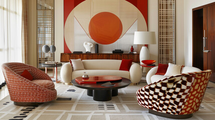Sleek art deco living room featuring streamlined furniture and bold, symmetrical patterns.