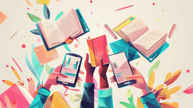 Interactive and engaging learning experiences. Dynamic nature of modern education, hands with books and digital devices. Contemporary art. Concept of education, modern technology