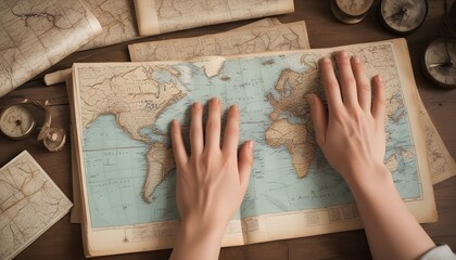 A womans hands hold a map and compass, navigating her way through an unknown terrain