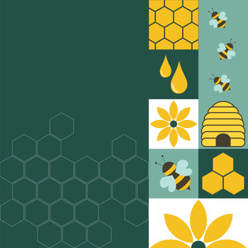 Modernes Plakat mit Bienen, Honigwaben und Blumen. Freier Platz f&uuml;r Text.