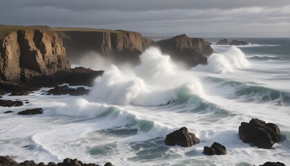 Fototapeta premium Powerful waves crash over rugged cliffs along the Irish coast, showcasing the raw force of the ocean against the land