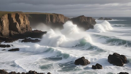 Powerful waves crash over rugged cliffs along the Irish coast, showcasing the raw force of the...