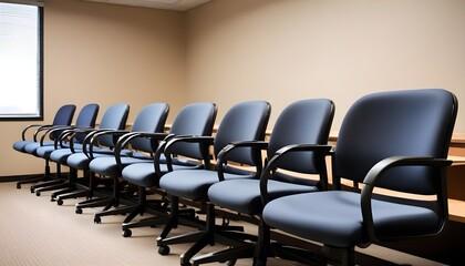 Several blue chairs neatly arranged in a conference room, ready for a meeting or presentation