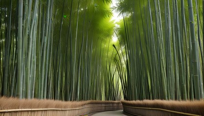 Dense bamboo forest in Kyoto, Japan, with towering green bamboo stalks creating a natural tunnel effect