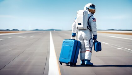 A man in an astronaut suit carrying a suitcase on an airport runway