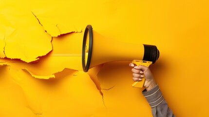 Closeup a woman hand arm hold megaphone isolated yellow wall background. Generated AI image