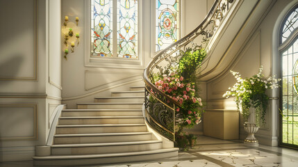 Fototapeta na wymiar Art Nouveau inspired home with a custom-crafted iron staircase featuring floral motifs, paired with an elegant stained glass window.