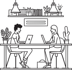 vector illustrations with flat cartoon characters working in office, co-working space or remotely at home, freelance, self-employment. People work at computers and laptops in modern interior.