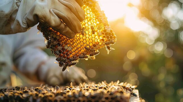 Detailed view of a beekeeper in action with a honeycomb frame, with vibrant sunlight and natural apiary background