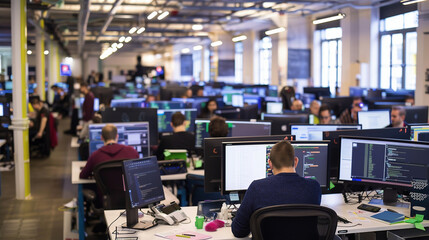 open office space with white furniture computer tables with digital gadgets. Multiracial Emploee People gathering near female manager with open laptop.