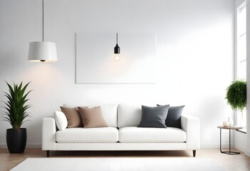 A white couch is the focal point of a living room with white walls, creating a clean and minimalist aesthetic