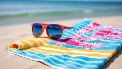 A colorful towel with sunglasses placed on it, resting on a sandy beach by the waters edge