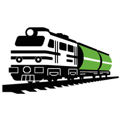 Obraz premium A minimalist icon of a cargo train in black, white, and green, representing transportation of bulk goods.