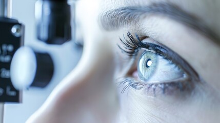 Closeup face woman on eye vision test optometrist with modern sight chart technology. Generated AI