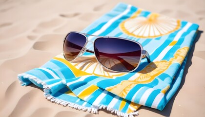 Fototapeta na wymiar Sunglasses resting on a colorful towel, placed on the sandy beach with ocean waves in the background under a clear sky