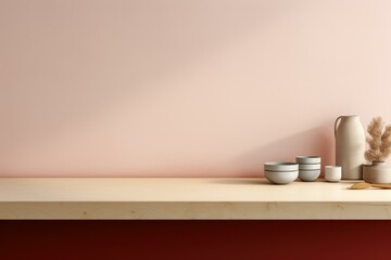 Fototapeta na wymiar Earth-toned minimalist vases and bowls on a wooden shelf against a pink wall