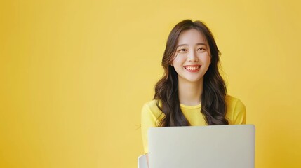 Portrait happy smiling young asian woman using laptop at home on yellow wall background. Generate AI