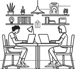 Fototapeta premium vector illustrations with flat cartoon characters working in office, co-working space or remotely at home, freelance, self-employment. People work at computers and laptops in modern interior.